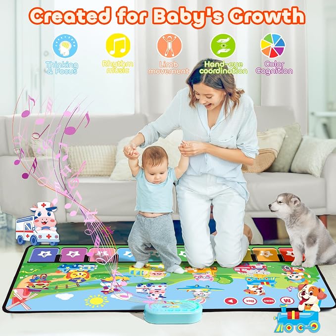 MOMUSE Piano Music Mat with 80 Sounds, Large Animal Car Touch Blanket Playmat Carpet Musical Toddlers Toys, Floor Keyboard Dance Sensory Educational Mat Boys Girls Gifts for 3 4 5 Years Old