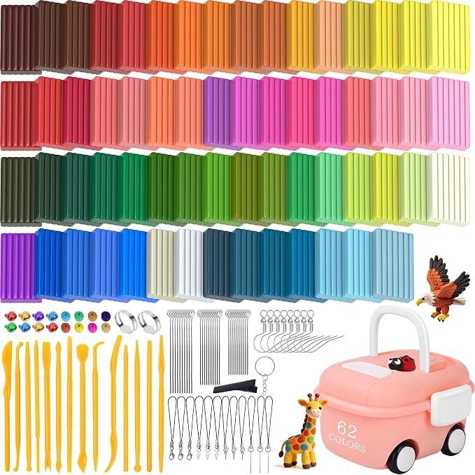 148 Pcs Polymer Clays 62 Bright Colors Oven Bake Clay Non-Sticky Modeling Clay DIY Starter Kit with Sculpting Tool and Accessories for Artists Jewelry Making Craft Gifts