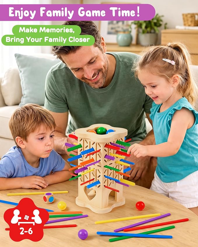 Montessori Wooden Board Games for Kids Ages 4-8, 42 Wooden Strips Game, Color Matching Board Games for Kids 4-6, Fine Motor Skills Toy Montessori Toys for 3 4 5 6 Year Olds, Gift Boys Girls Family