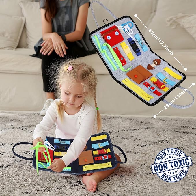 Esjay Toddler Busy Board, Sensory Board for Fine Motor Skill, Montessori Toys Toddler Activities for 3+ Year Old, for Travel, Car, Grey Alphabet