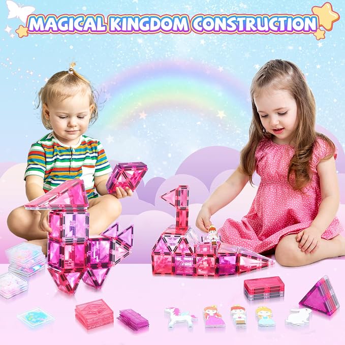 Magnetic Tiles Building Set 101pcs, STEM Toys for Girls 3-6, Princess Castle with Magnetic Car