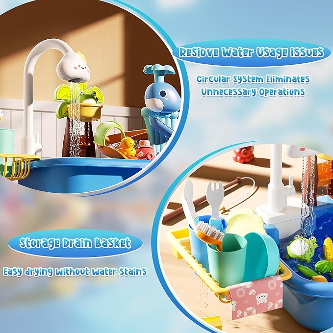 Upgraded Toddler Sand Water Table Toy with Electric Water Pump, Kids Sand Water with Faucet/Play Food Accessories/Fishing Toy, Kitchen Play Sink Toys for Girl Boy Age 3+