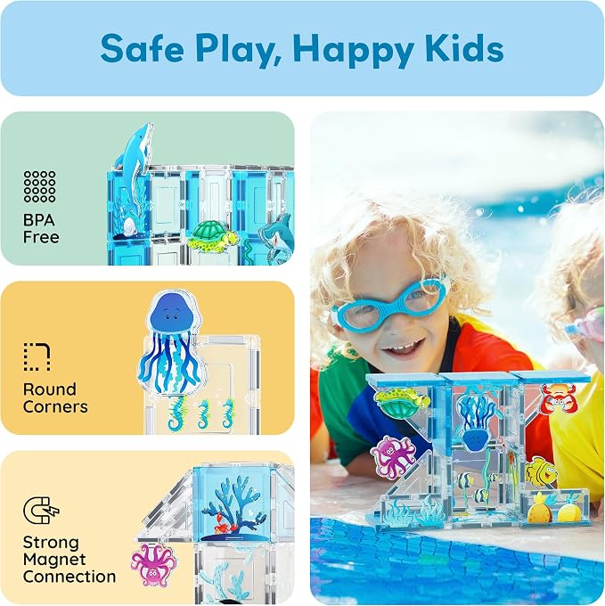 PicassoTiles Magnetic Tiles Magnet Tile Building Blocks Marine Animal World Themed Set with 8 Ocean Character Action Figures STEM Learning Toy Construction Toddlers Boys Girls Ages 3+ PTQ25