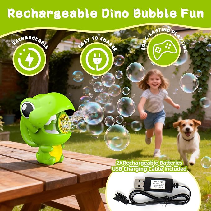 MAKE KIDS SMILE BUBBLE FUN Rechargeable Dinosaur Bubble Guns for Kids 1-3 | Automatic bubble machine with fast output, includes 8oz solution. Ideal summer children toys for boys, girls and pets.