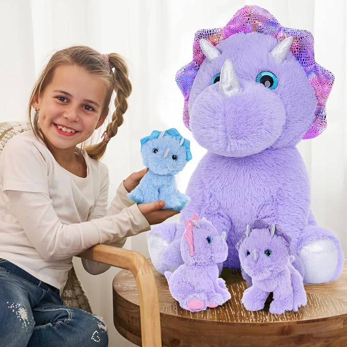 MaoGoLan Purple Triceratops Stuffed Animal, 21" Mommy Stuffed Dinosaur with 3 Babies, Soft Triceratops Plush Toy, Huggable Dinosaur Family for Room Decor, Christmas Birthday Gifts for Kids Boys Girls