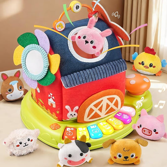 Vanvimen Musical Baby Toys 6-12 Months, Surprise Barn with 7 PCS Stuffed Farm Animals, 4 Mode Sound and LED Lights, Montessori Sensory Toys for 6 12 Months, Ideals 6 7 8 9 Month Old Baby Gifts Toy