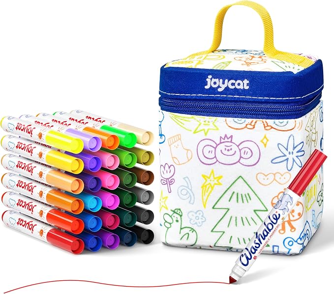 JoyCat 30 Colors Washable Markers for Kids with DIY Coloring Fabric Case, Portable Art Set with Paintable Tote Bag, Non-Toxic School Supplies, Creative Birthday Gift for Boys Girls Ages 3-8