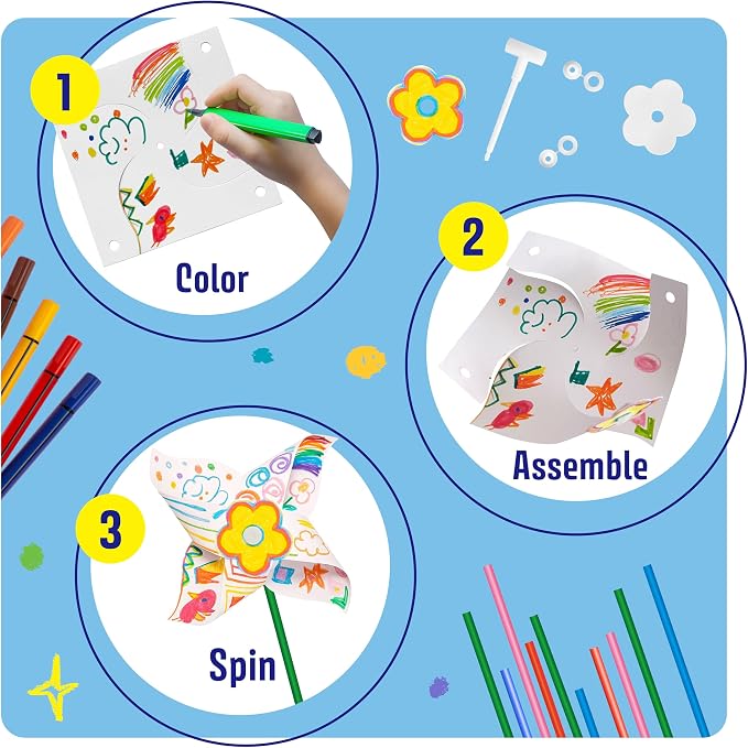 24 Pack DIY Pinwheels Craft for Kids - Summer Spring Crafts for Kids 3-5, 4-6, 4-8 - Fun & Easy Assembly, Bulk STEM Educational Activity for 4th of July, Classroom, Birthday, Party Favor