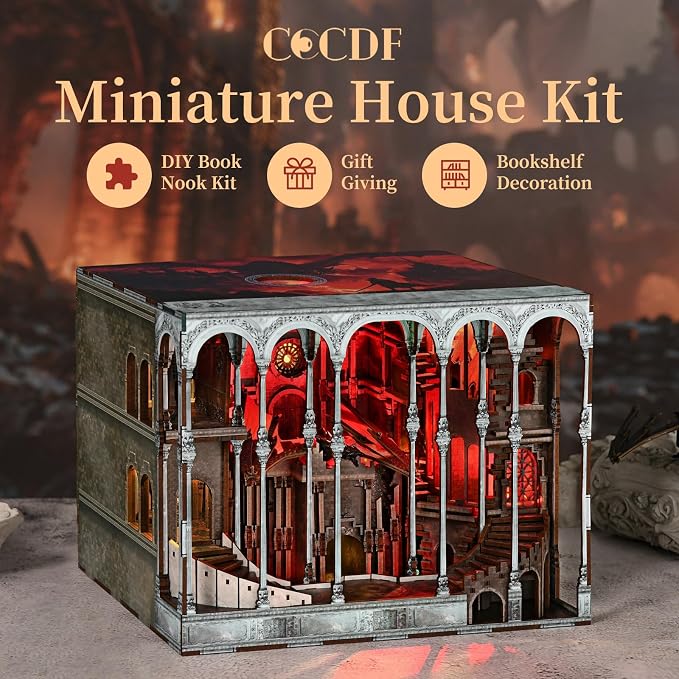 CCCDF Ember Castle Book Nook Kit,3D Wooden Puzzle DIY Miniature House for Adults,LED Bookshelf Decor Insert Craft Model Building Kit,Unique Gift for Family Friends