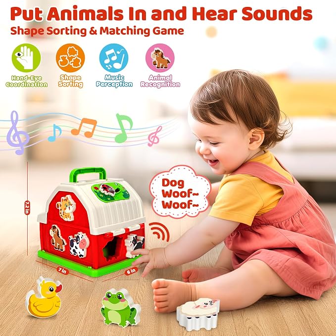 Montessori Toys for 1 2 3 Year Old Boys Girls, Musical Barn Farm Animal set for Toddler, Shape Sorting Educational Toy for Baby 12-18 Month, Learning Fine Motor Skills, Christmas Birthday Easter Gifts