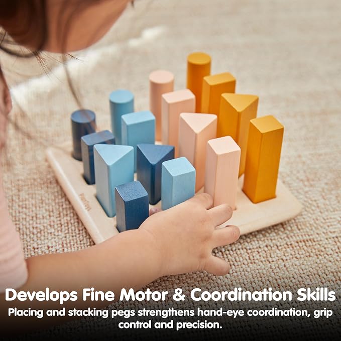 PlanToys® Wooden Geometric Peg Board | Montessori Inspired Shape Sorting & Stacking Toy for Size Sequencing & Logical Thinking | Eco Friendly Learning Toy for Colours, Patterns & Early Geometry