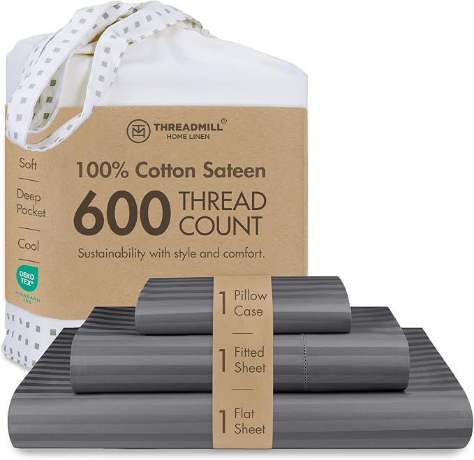 Threadmill 100% Cotton Sheets for Twin XL Size Bed - 600 Thread Count Twin XL Bed Sheets Set with 15” Deep Pocket - Damask Stripe Sateen Weave 3-Piece Bedding Set with Cooling Effect, Dark Grey