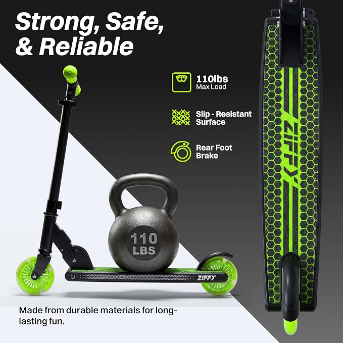 JOVA ZIFFY Light Up Scooter for Kids 3-12, 2 Wheel Foldable Kids Kick Scooter, 3 Adjustable Height, ABEC-7 Bearing with 4'' PU Wheels, Rear Foot Brake, Gift for Boys& Girls (Up to 110lb)