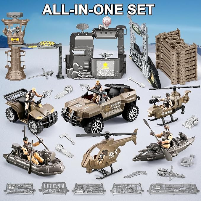 88-in-1 Army Men Toys Sets for Boys 4-7 8-12, Military Base/Truck/Helicopter/Kayak Boat/Motorcycle/Army Men Action Figures/Weapon Gears, Army Toys for Boys Kids Birthday Gifts Party Favors