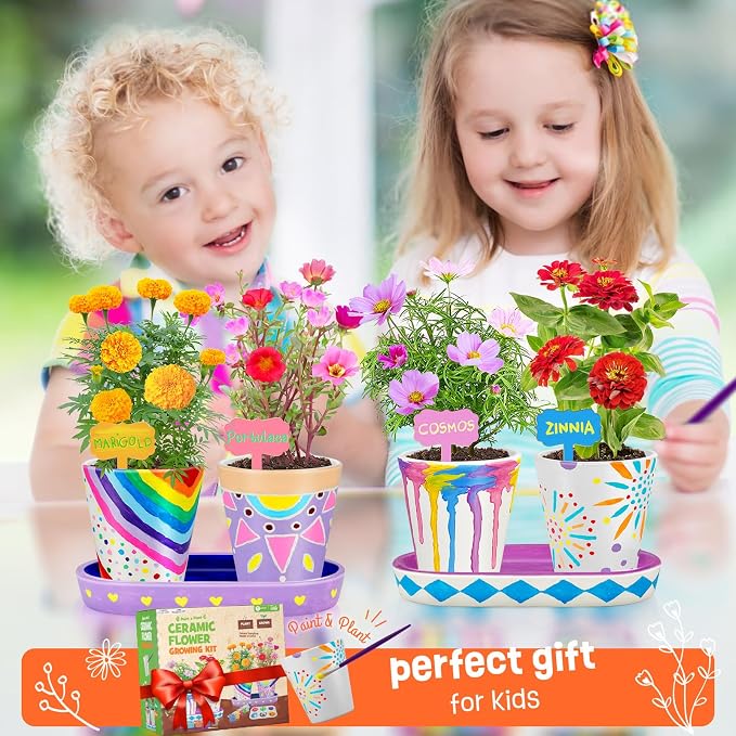 4 Set Paint & Plant Flower Gardening Kit - Gifts for Girls Ages 8-12, Arts and Crafts for Kids Ages 8-12, Kids Gardening Set, Toys Birthday Gifts for Kids Girls Boys Ages 6 7 8 9 10 11 12