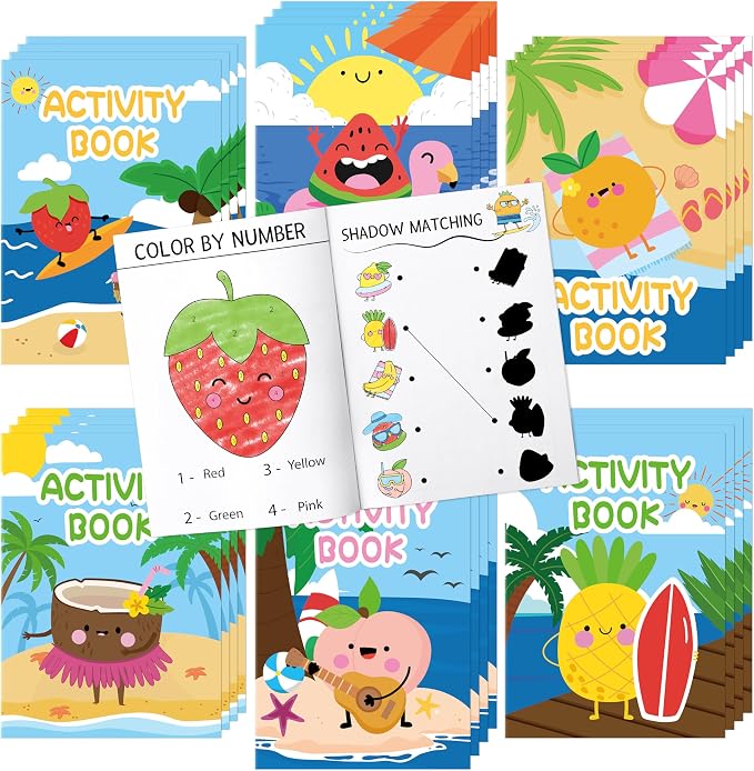 Summer Activity Books for Kids - 48Pcs Coloring Fruits Books Set Bulk Summer Tropical Search Mazes Word Scramble Games Mini Books for Party Goodie Bags Stuffers School Classroom Favors