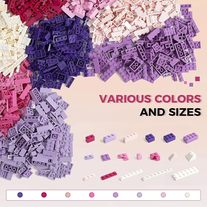 HUIZDQ 1500 Pieces Building Bricks, Building Bricks Set for Girls Age 6-7-8-12, Classic Bulk Small Blocks, Blocks Set (Pink Purple White)