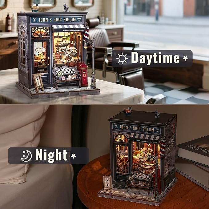 CUTEBEE Book Nook Kit - DIY Miniature House Dollhouse Kit for Adults, Booknook Hair Salon Barbershop Tiny House Bookshelf Decor 3D Wooden Puzzle, Gifts for Family and Friends (John's Hair Salon)