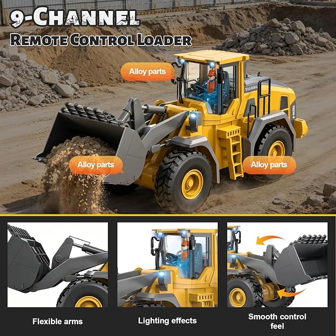 Remote Control Loader, 9-Channel Loader Toy with Metal Shovel, 2.4Ghz Remote Control Engineering Vehicle, Ideal Gift for Boys Aged 6-11
