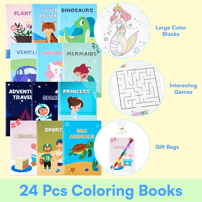 JOYIN 24-Pack Mini Coloring Books Crayons, Bulk Coloring Book Set, Party Favor for Kids 4-8, Birthday Goodie Bags, Classroom Gifts for Students