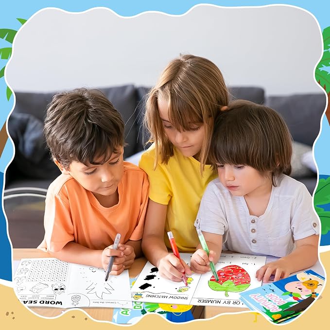 Summer Activity Books for Kids - 48Pcs Coloring Fruits Books Set Bulk Summer Tropical Search Mazes Word Scramble Games Mini Books for Party Goodie Bags Stuffers School Classroom Favors