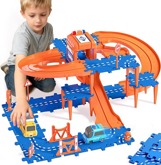 Toddler Puzzles Track Car Track Toys for Kids, Floor Puzzle Race Track with Cars and Road Signs, STEM Building Toys for Toddler Boys Girls 3-5, Birthday Gifts for Toddler Boys & Girls 4-7 Year Old
