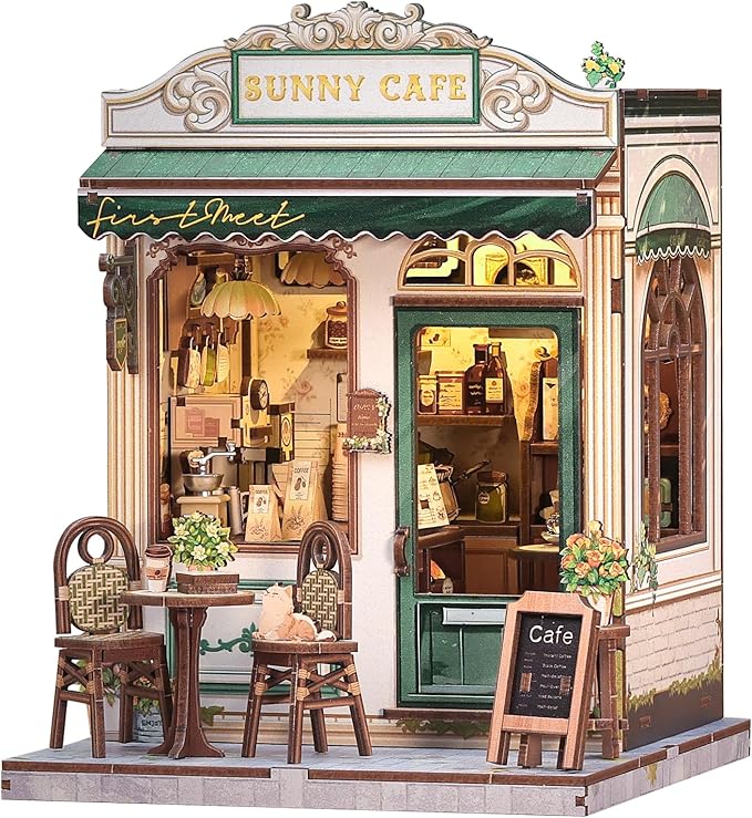 CUTEBEE Book Nook Kit - DIY Miniature House Dollhouse Kit for Adult and Teens, Booknook Bookshelf Decor Alley Model Build with LED Light, Gifts for Family and Friends (Sunny Cafe)