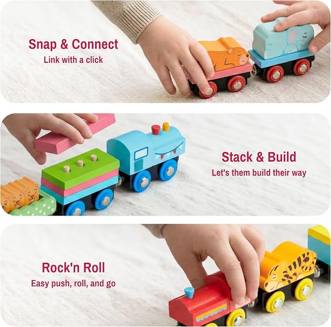 Montessori Animal Wooden Train Toy Set for Kids, 12PCS Magnetic Train Cars with Storage Gift Box, STEM Educational Toy for Boys & Girls, Ages 18Month - 8 Years, Easter Birthday Party Gift