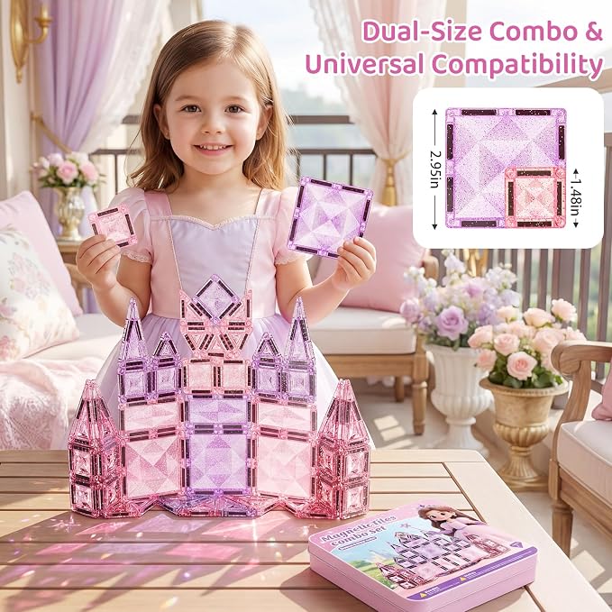 Magnetic Tiles Girls Travel Toy: 42 PCS Pink Glitter Building Blocks Castle Tin Box - 120 Mins Quiet Play 60s Cleanup - Toddler Kids Gift Age 3 4 5 6