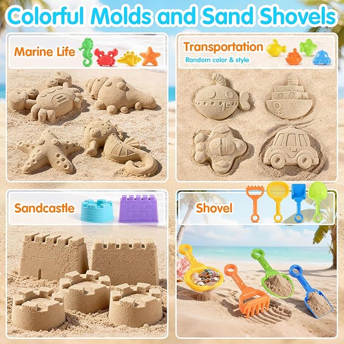 Beach Toys for Kids, Sand Toys Set with Collapsible Sand Bucket, 20” Shovel, Marine Life & Vehicles Molds Sand Castle Toys and Storage Bags, Travel Beach Toys for Toddler 4-8
