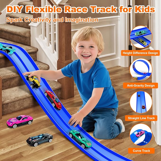 15Ft Flex Track, Flexible Race Car Track for Kids Toy with 10 Suction Cups, Rolls Up Portable Racetrack Compatible with Hot Wheels & Diecast 1/64th Cars, Birthday Gifts for Boys Girls (Blue)