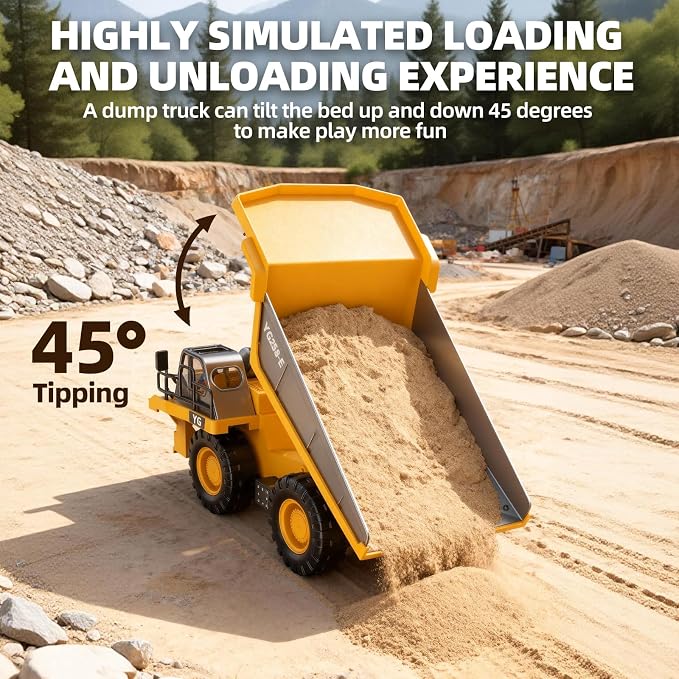 9-Channel RC Dump Truck Toy, 2.4GHz Remote Control Truck with Metal Bed, Light & Sound, 2 Rechargeable Batteries, Construction Vehicle for Kids Boys Girls Ages 3-12