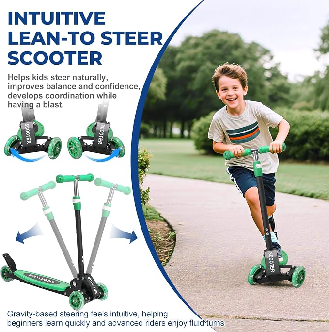 3 Wheel Scooter for Kids Ages 3-12, LED Light-Up Kids Kick Scooter–Portable Foldable, Adjustable Height, Durable Metal Construction, 6" Extra Wide Deck for Outdoor Activities,Child Safety Certified