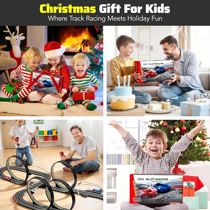 Slot Car Race Track Set for Kids Ages 6-12 Boys & Girls, Dual Racing Game 2 High-Speed Cars 1:64 Scale, Battery or Electric Powered Plug-in Track, Gift Toy Stocking Stuffers for Children