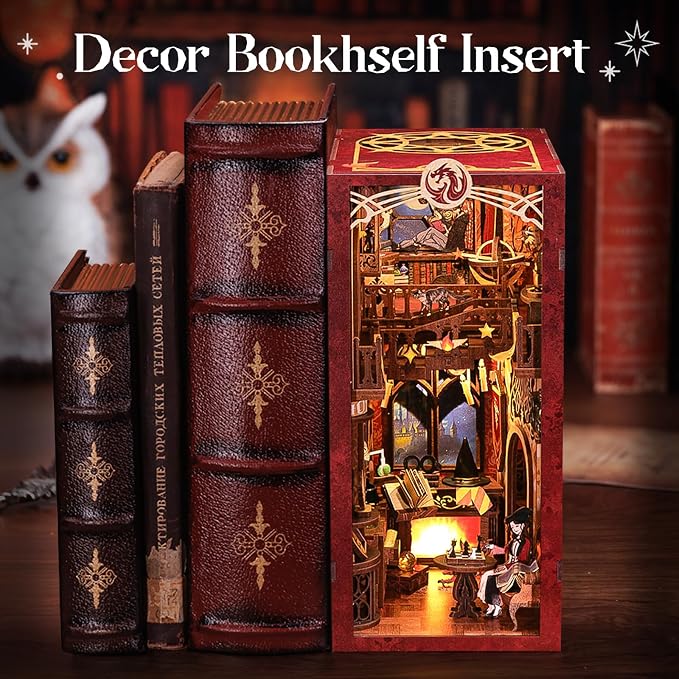 Fsolis Book Nook Kit, 3D Wooden Puzzle for Adults | Bookshelf Miniature Room House Kit DIY Gifts for Women Book Lovers (Flam Common Room)