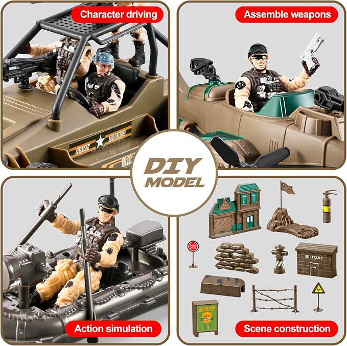 78-in-1 Army Men Toys Sets with Realistic Military Truck/Helicopter/Kayak Boat/Motorcycle/Army Men Action Figures/Weapon Gears, Army Toys Gift for Boys Kids 4-7 6-8 8-14 Fun Birthday Party Favors