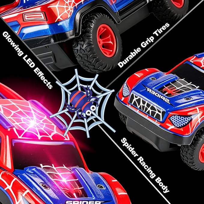 Spider RC Car for Kids, 1:24 Remote Control Car with Color-Changing LED Lights, 2.4GHz 50m Range, 2 Rechargeable Batteries, Assorted Black/Red, Racing Toy Gift for Boys Girls Ages 6-12