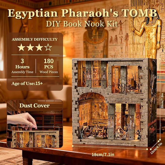 fifijoy Book Nook Kit - DIY Miniature House Dollhouse Kit for Adults and Teens, 3D Wooden Puzzle Booknook Build Bookshelf Decor with LED Light, Gifts for Family and Friends (Egyptian Pharaoh's Tomb)