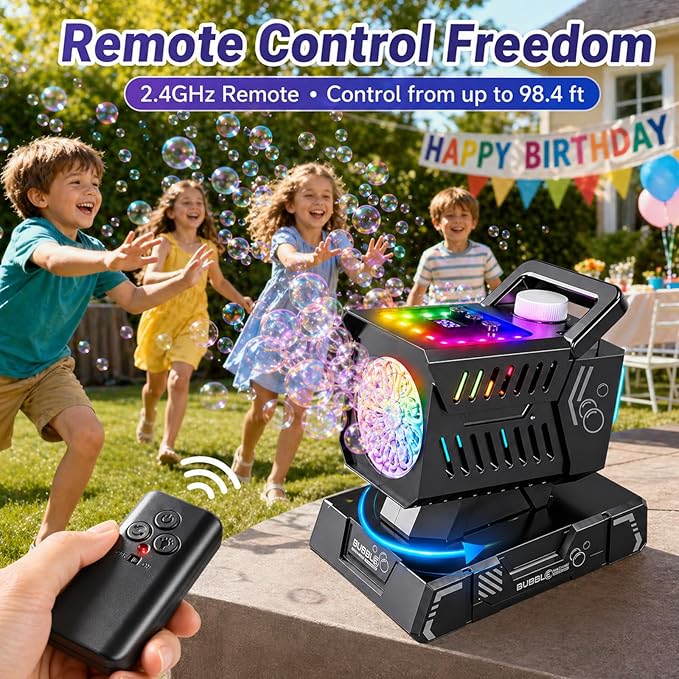 Bubble Machine Remote Control,Auto Rotation & 11 RGB Lights | 1800mAh Rechargeable Battery/USB-C Charging,Top-Fill Portable Bubble Maker for Kids Birthday Party Wedding Pool Outdoor