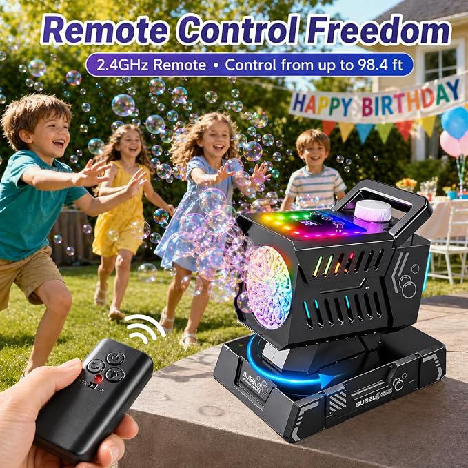 Bubble Machine Remote Control,Auto Rotation & 11 RGB Lights | 1800mAh Rechargeable Battery/USB-C Charging,Top-Fill Portable Bubble Maker for Kids Birthday Party Wedding Pool Outdoor