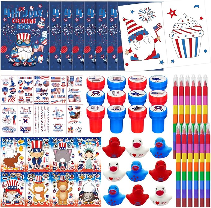Cinrobiye 72 Pcs Patriotic Activity Set, 4th of July Coloring Books with Crayons, Stickers, Tattoos, Stampers and Mini Duck Accessories for Classroom Activity, Event Supplies and Holiday Gatherings