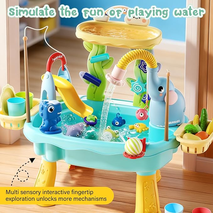 2027 Upgraded 4-in-1 Sand Water Table for Toddlers 1-3, Kids Sensory Table with Electric Water Pump & Elephant Faucet, Play Kitchen Sink with Food Accessories, Fishing Toy (Blue)