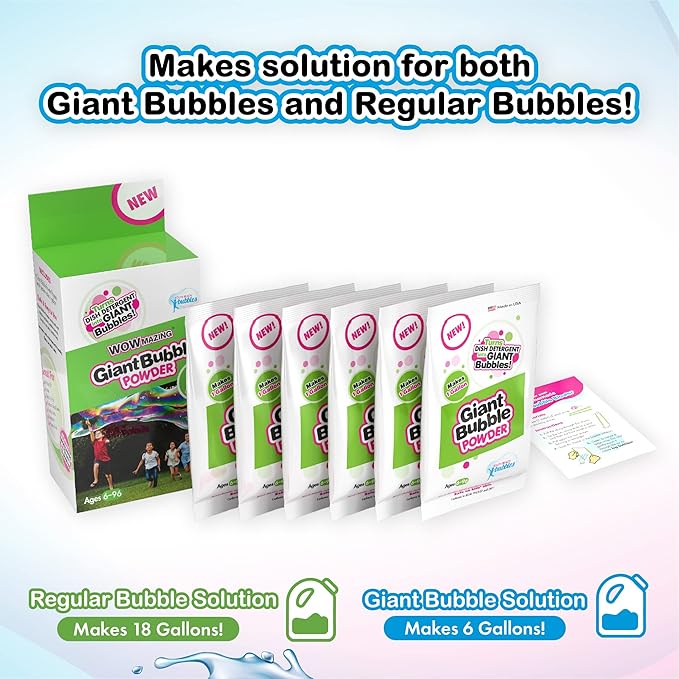 WOWmazing Big Bubble Refill Powder Mix (6 Packets) - Turns Dish Detergent into Giant Bubbles. Makes 6 GALLONS! - Made in USA