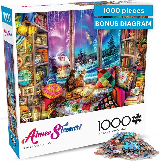 Buffalo Games - 1000 Piece Jigsaw Puzzle - Aimee Stewart - Northern Lights Cats - Winter Scene - Challenging Puzzles for Adults and Families