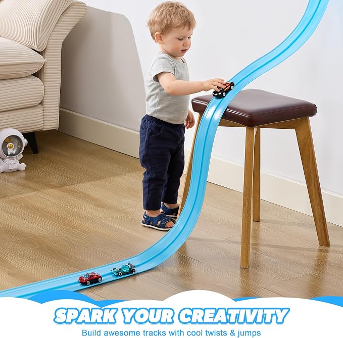 Flexible Race Track for Kids - 15 Ft Flex Track Race Car Tracks with Car Ramp Toy, Fit for Monster Truck Track & Kids' Play Cars, Race Tracks for Toddlers 3+, Gifts for Boys Girls (Light Blue)