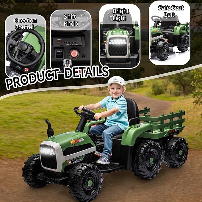 24V Ride on Tractor with Trailer, 400W Electric Car for Kids, Toddler Ride On Toy W/Remote Control, 3 Speed Adjustable, MP3, Bluetooth, LED Light, Green