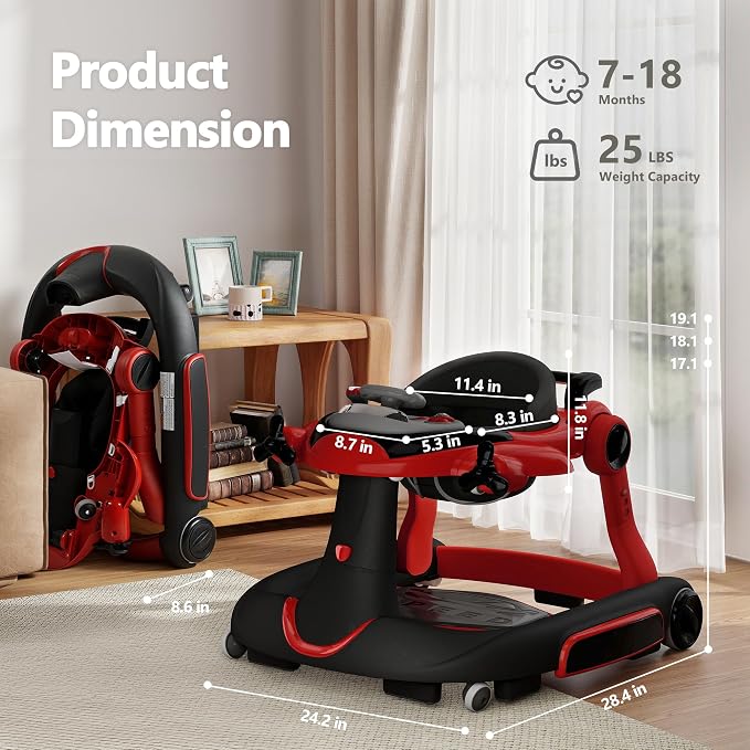 Kinder King 8-in-1 Baby Walker with Music & Lights, 3 Level Adjustable Height, Foldable Toddler Walker with Speed Adjustable Wheels, Easy to Clean, Baby Walkers for Boys & Girls 6-18 Months