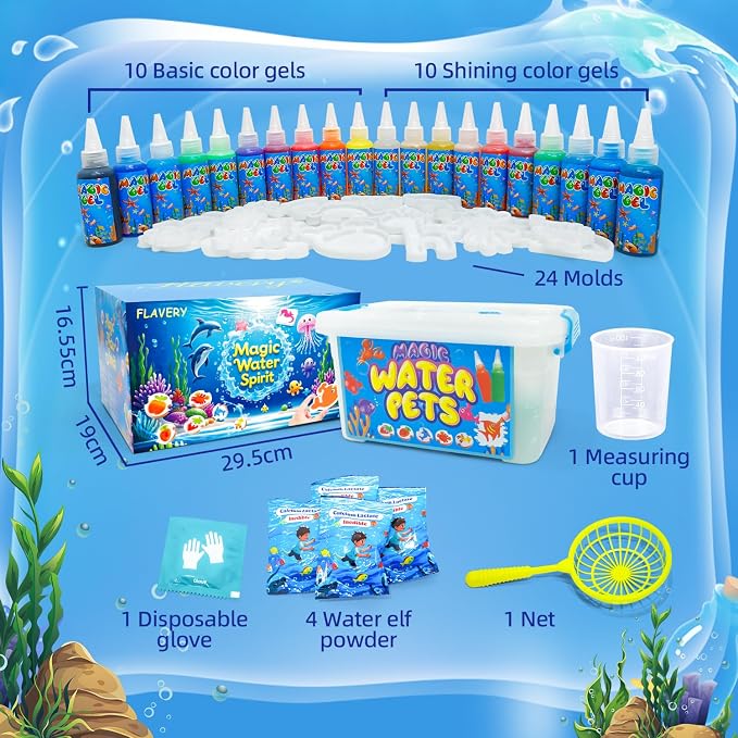 Magic Water Elf Toy Kit with 20 Magic Gels and 24 Molds, DIY Party Favors | Craft for Kids, Aqua Squishy Set, Birthday Gifts, Create Your Own Water Pets