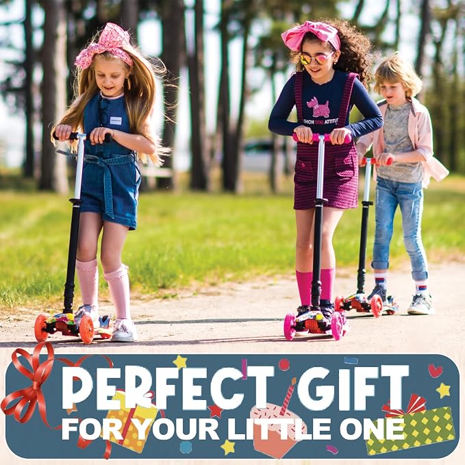 3-Wheel Kick Scooter for Kids Ages 3-8 Lean-to-Steer Toddler Scooter with Extra Wide Light Up Wheels, 4 Adjustable Heights, Foldable Scooters for Boys & Girls, Max Weight 110lbs