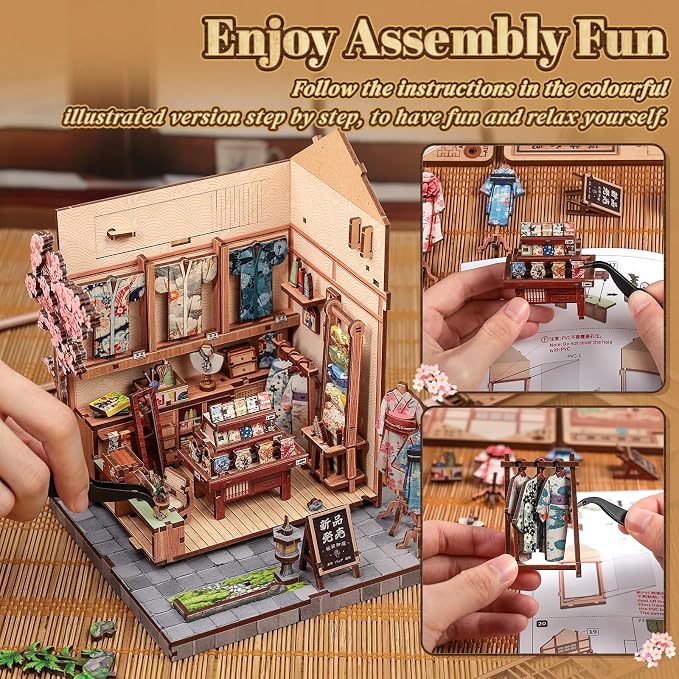 Cutefun Book Nook Kit - DIY Miniature Dollhouse Kit for Adults, Teens and Beginners, Japanese Sakura Tiny House Bookshelf Decor 3D Wooden Puzzles, Gifts for Friends & Family (Sakura Kimono Shop)